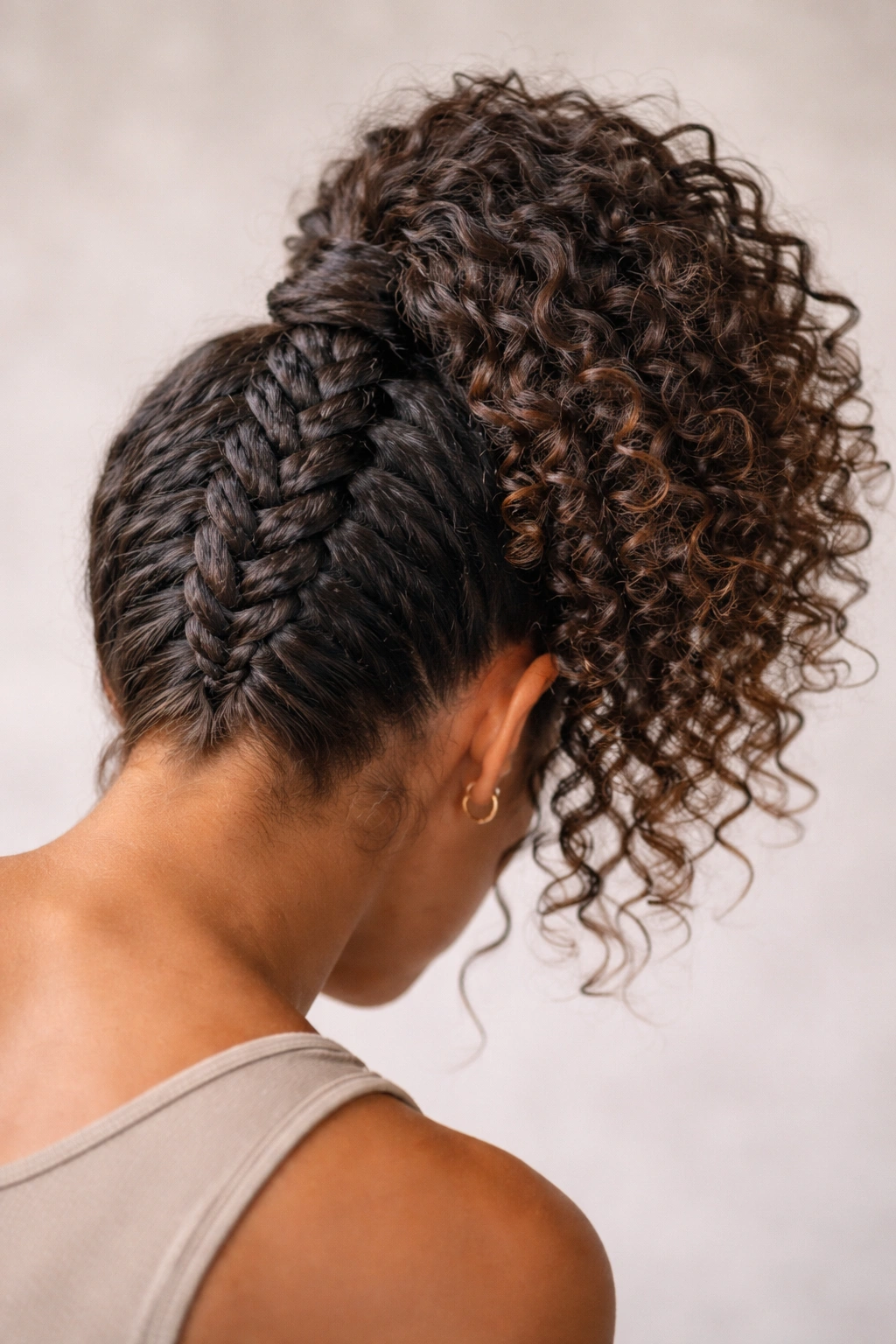 Upside-down braided ponytail on curly hair with nape-origin braid