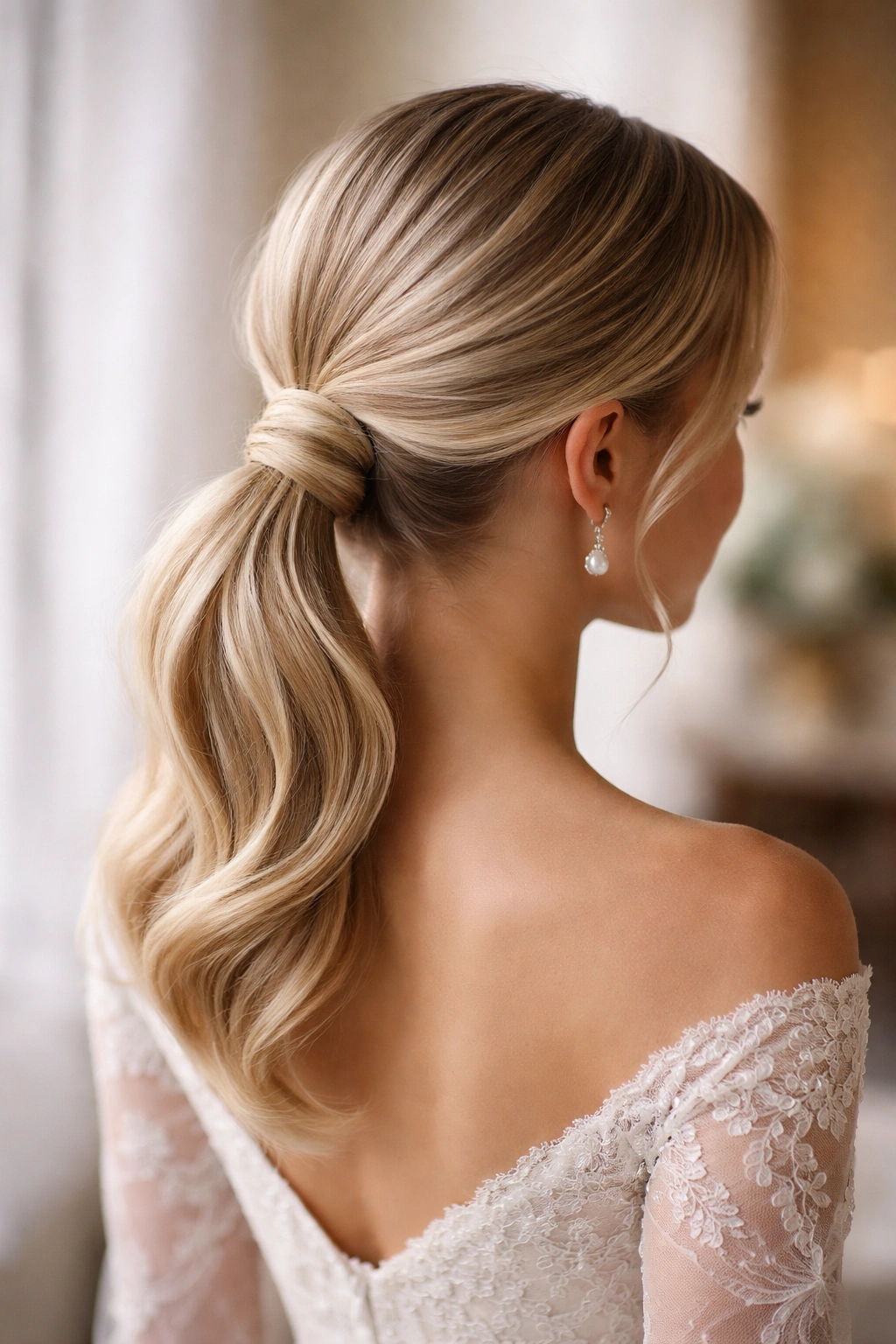 Upswept low ponytail with mini bun at base