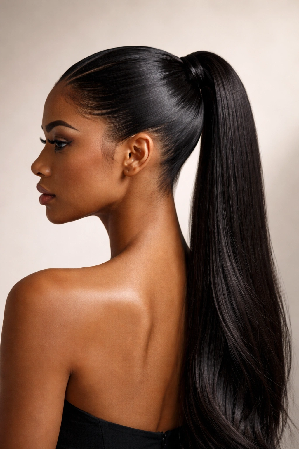 Editorial side profile of a V-part ponytail emphasizing geometry