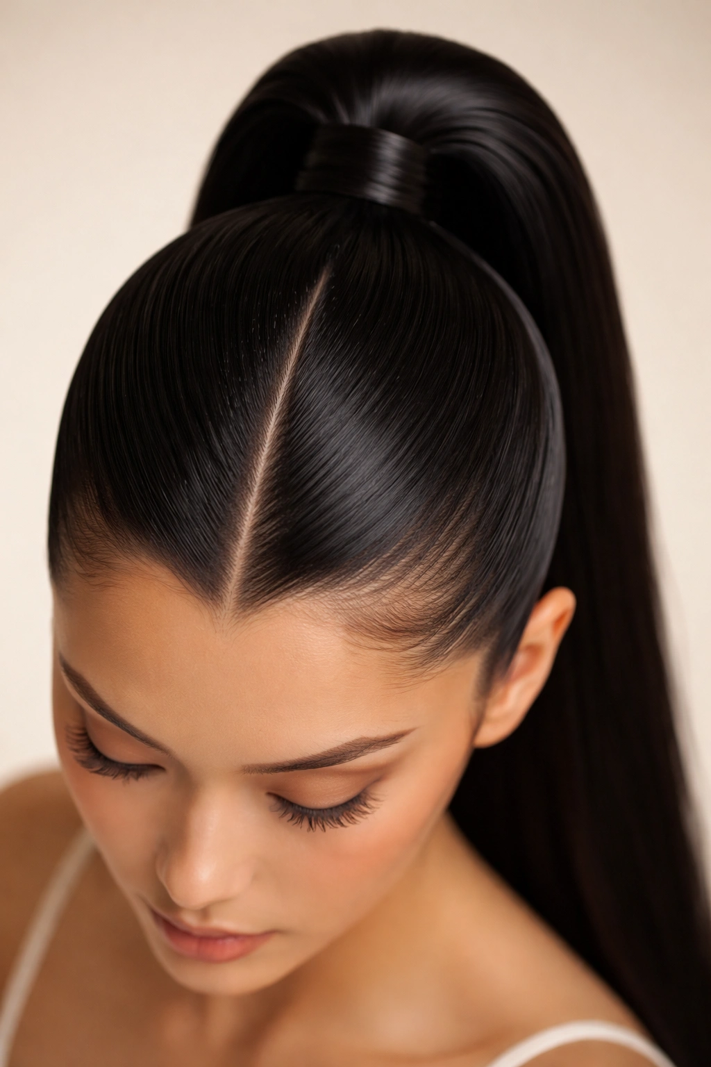 Close-up view of a high V-part ponytail with a sharp crown V and sleek front hair