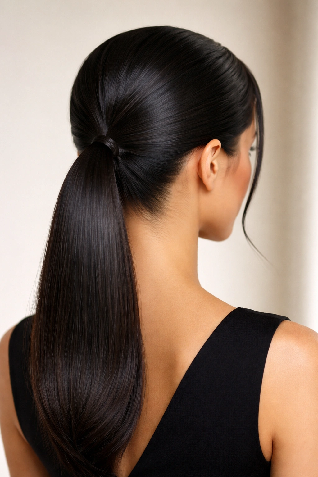 Rear view of a sleek low V-part ponytail with a smooth glossy finish