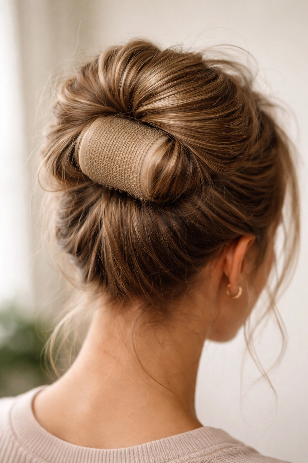 Velcro roller bun with hair wrapped around a cylinder