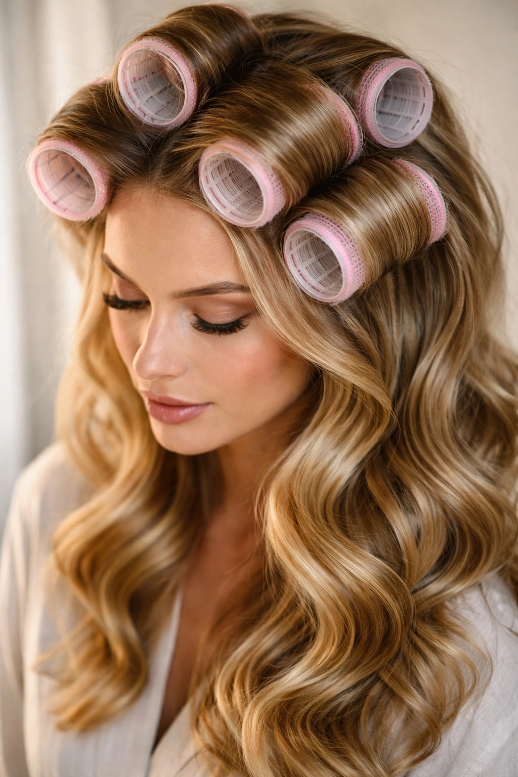 Hair with Velcro rollers forming soft, large waves