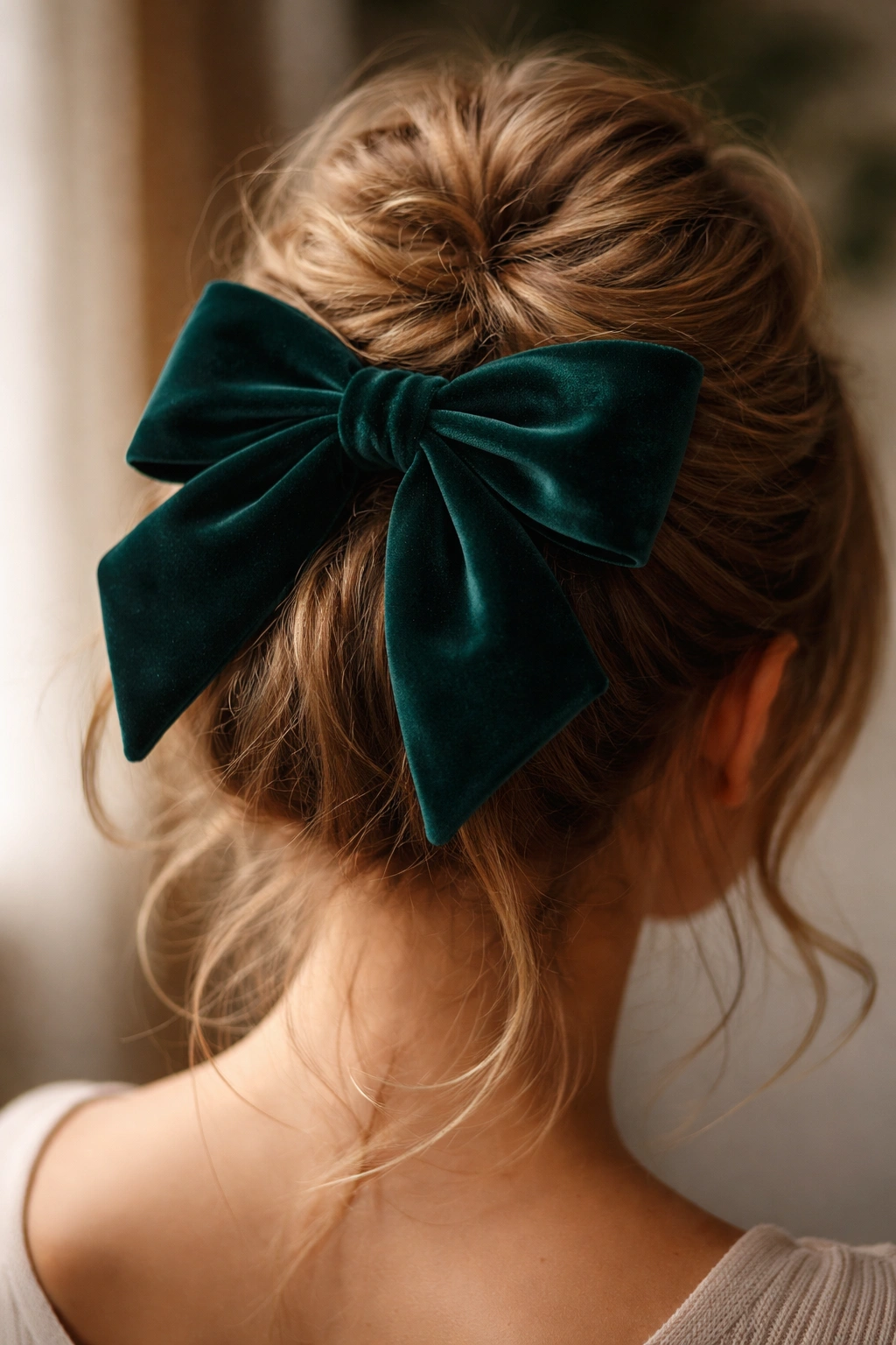 Close-up of velvet bow on a textured messy bun