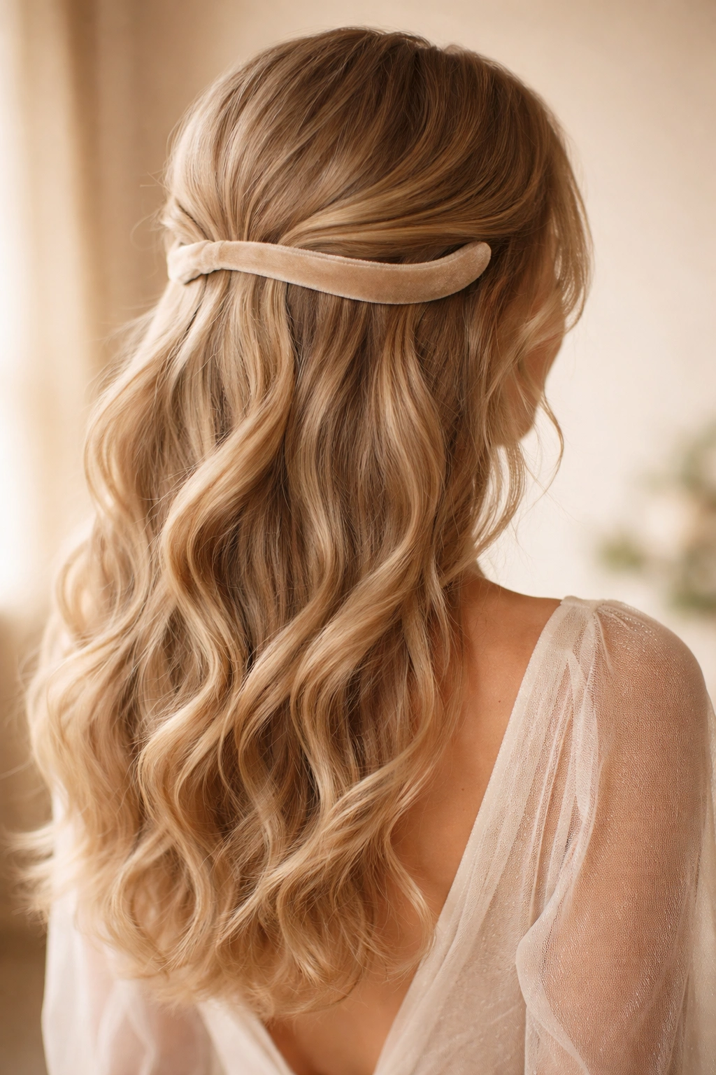 Curved velvet ribbon half-up hairstyle with soft waves