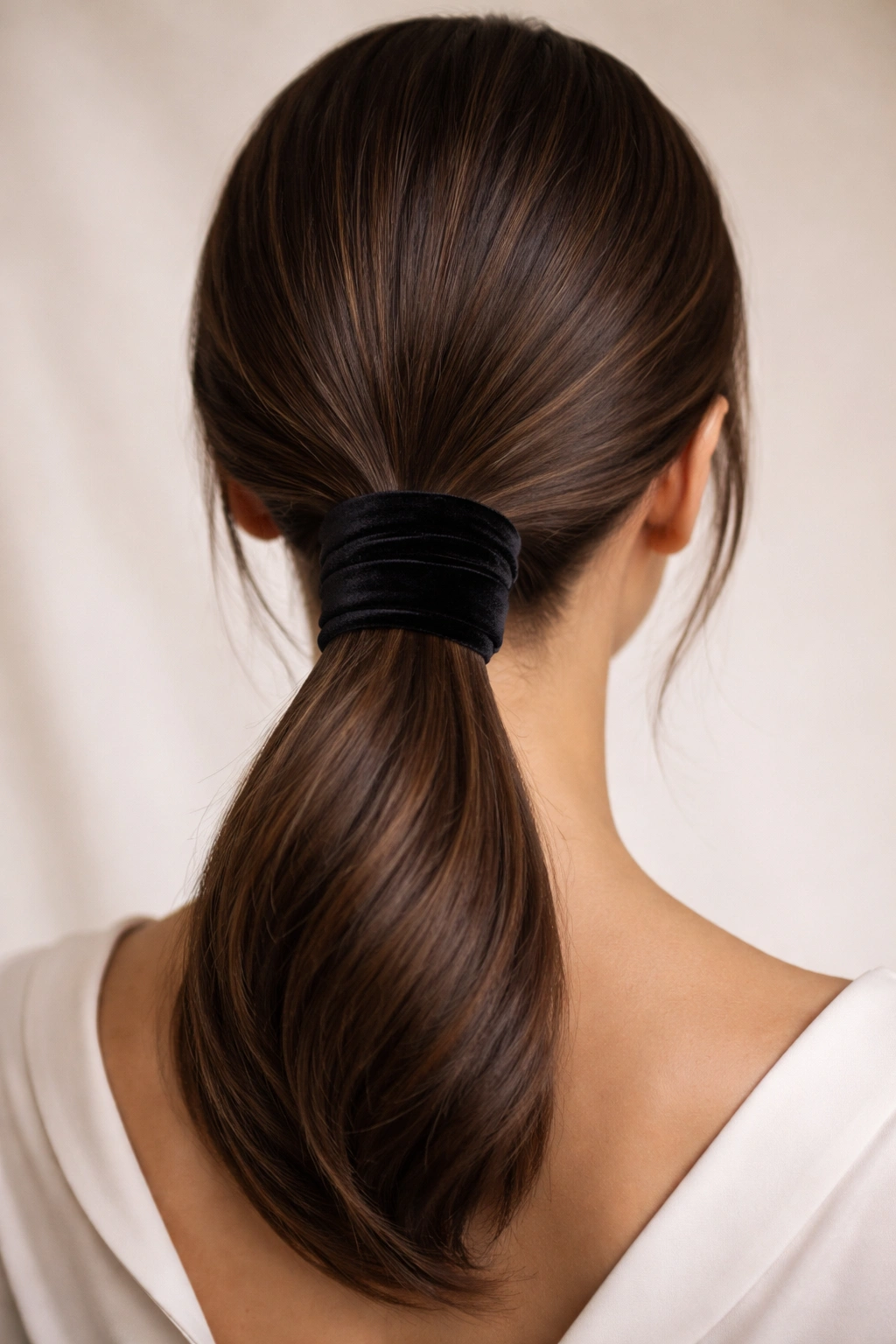 Velvet ribbon wrapped around a sleek low ponytail at the nape