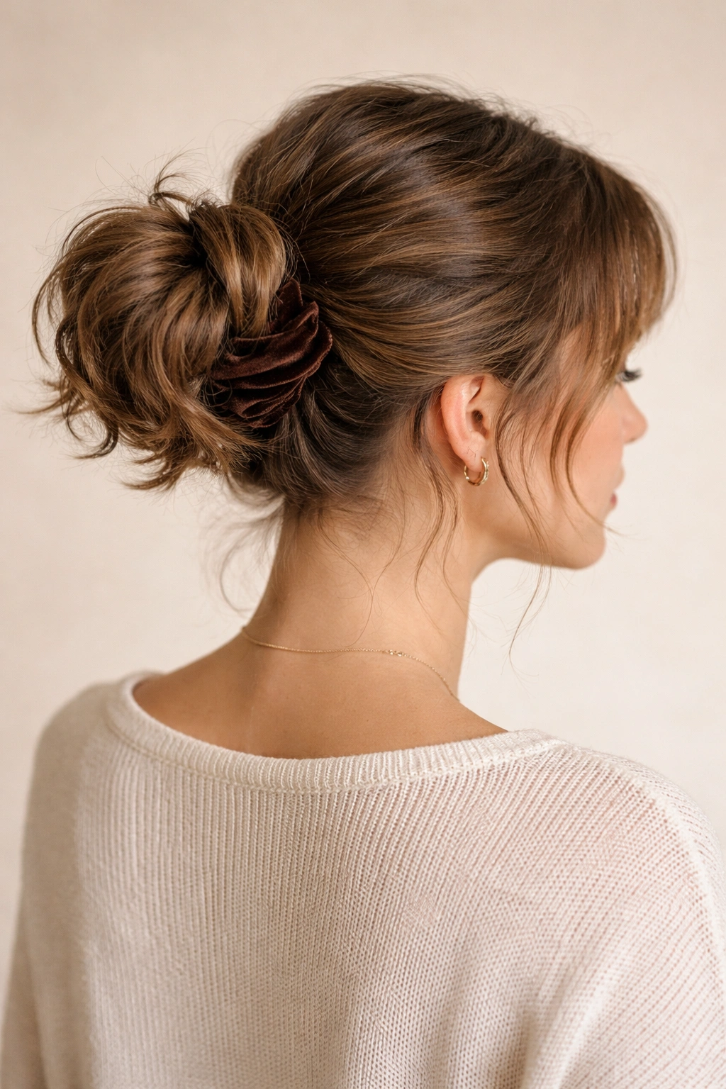 Mid-height ponytail with a visible velvet scrunchie forming a loose bun
