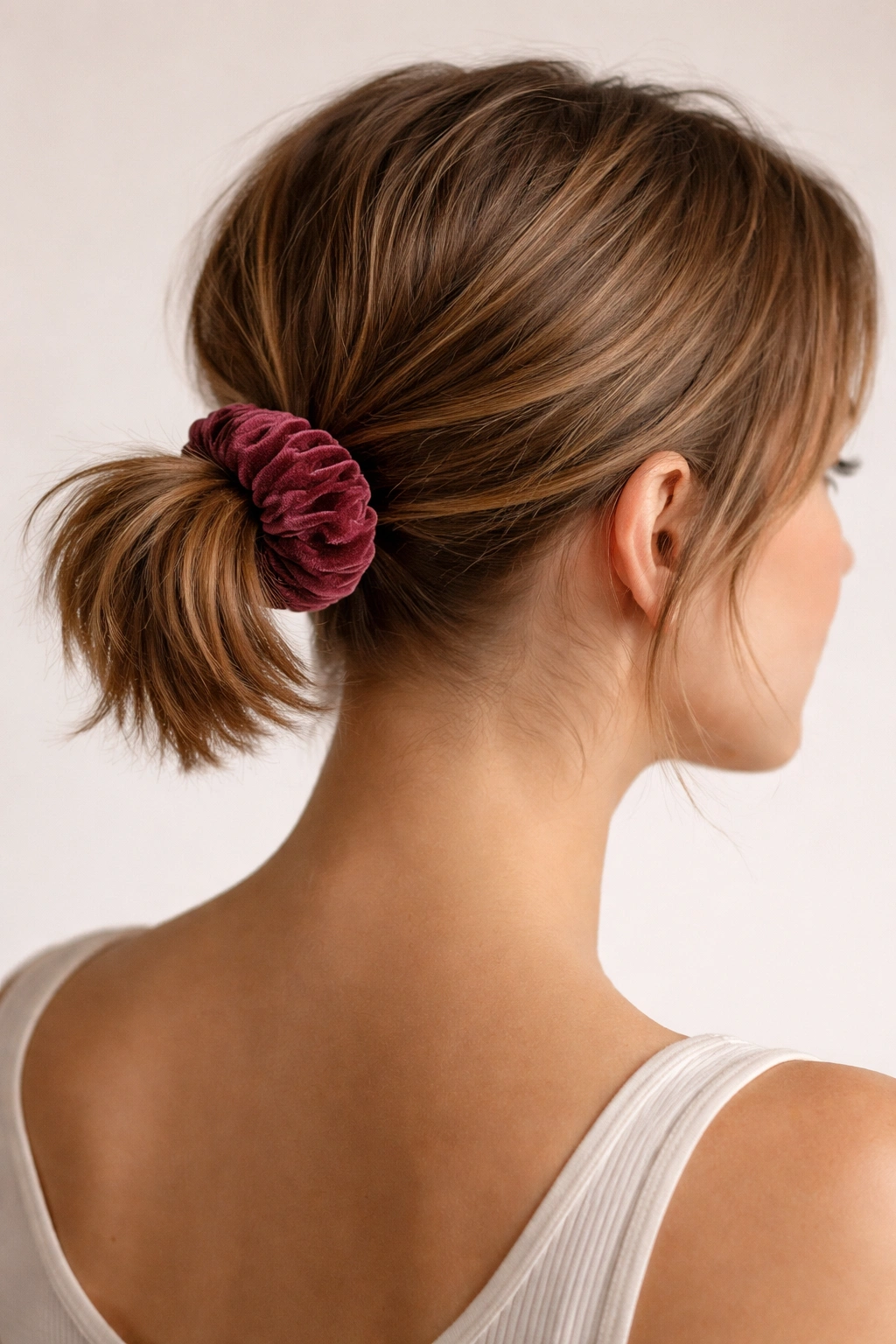 Close-up of velvet scrunchie ponytail on short hair.