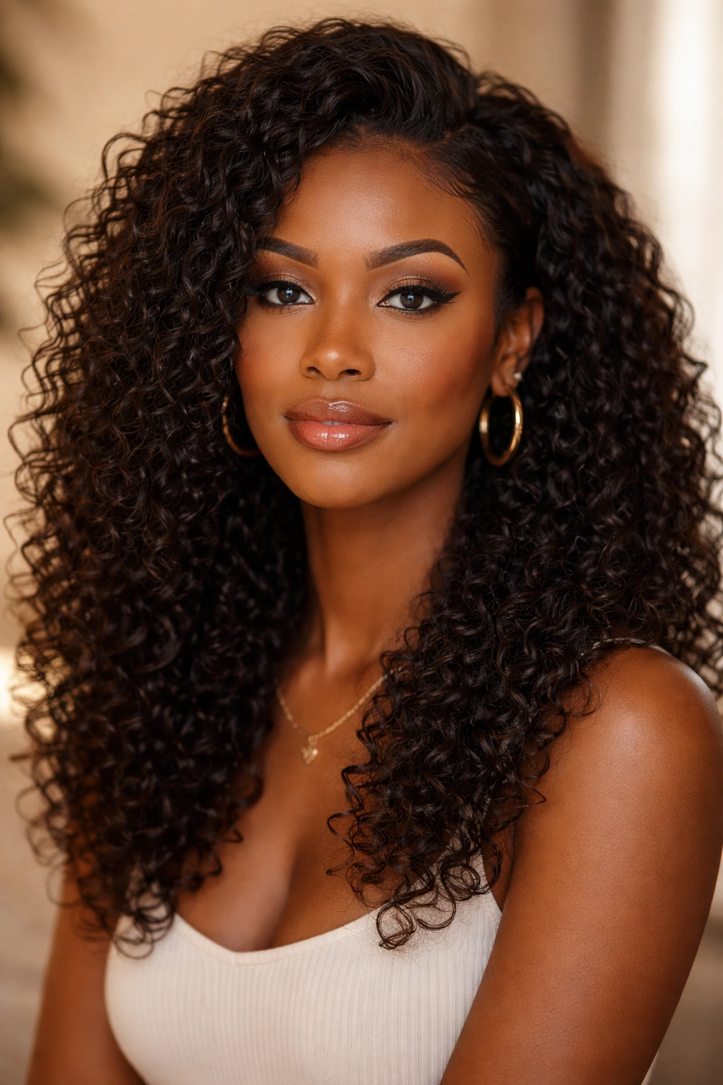 Model head wearing a versatile curly wig in warm lighting