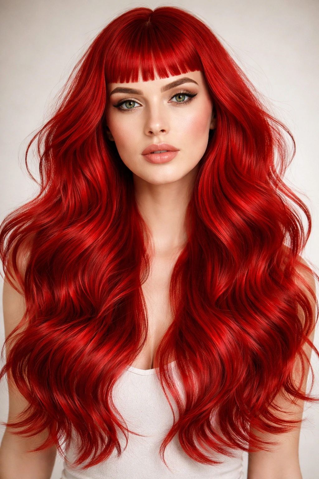 Vibrant red hair with micro-bangs and flowing waves.