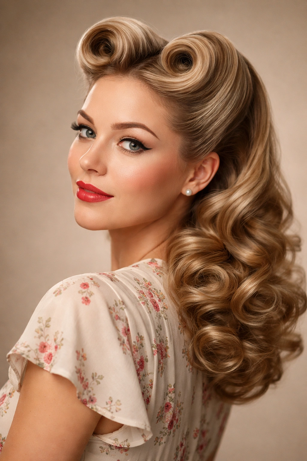 Face-framing victory rolls with curls underneath