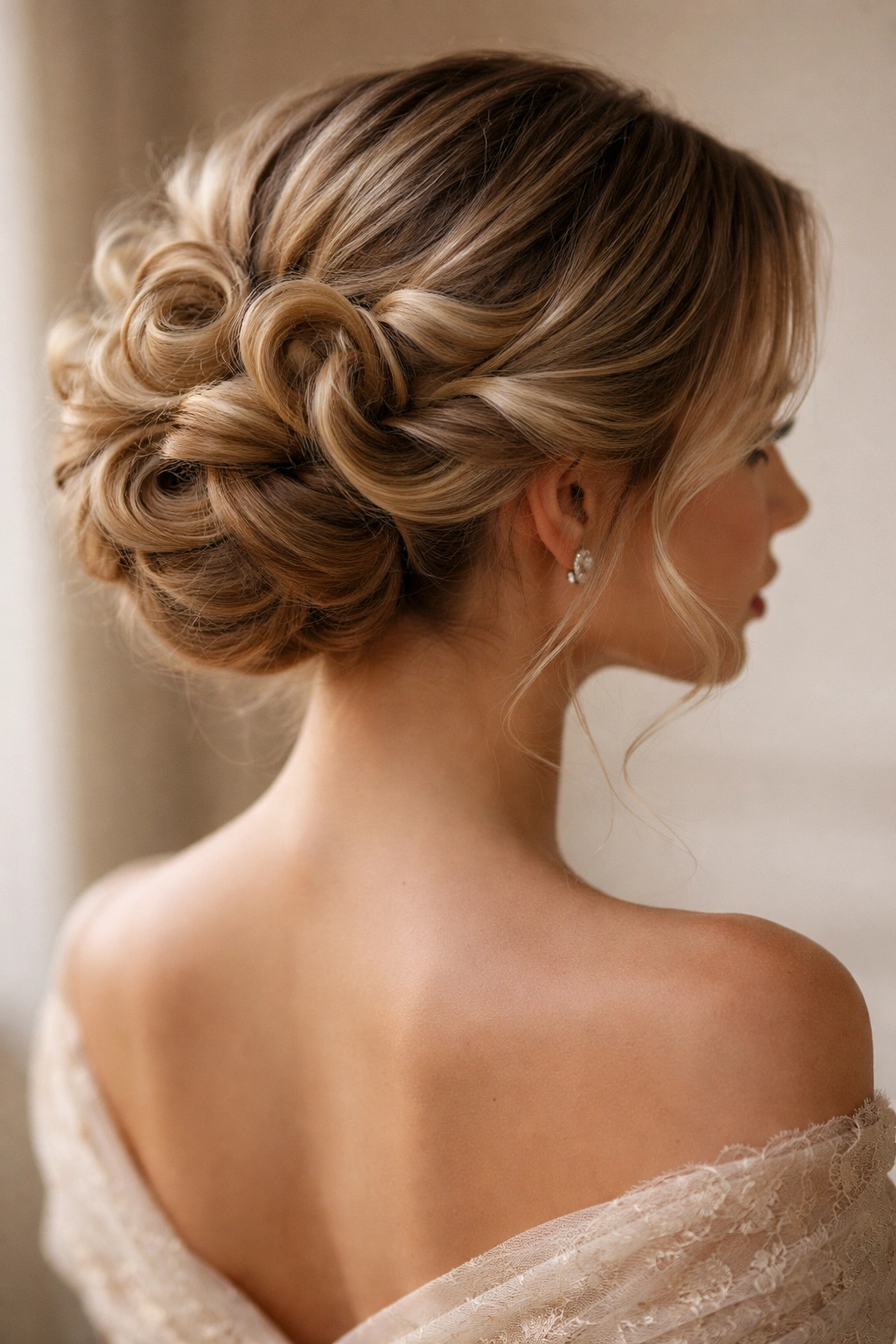 Vintage crown bun with a ring of large loose curls around a low bun