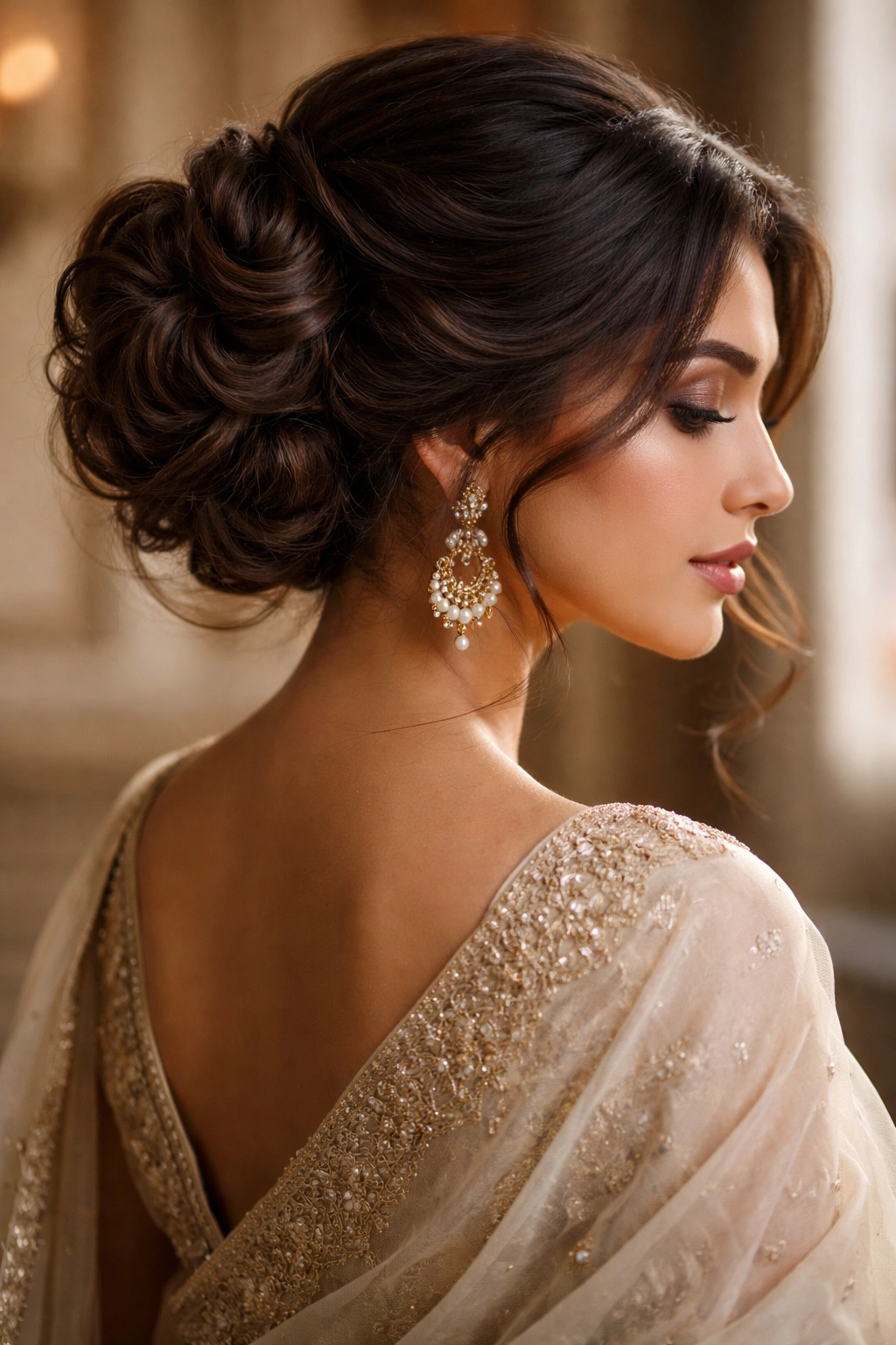 Vintage waves woven into a bun on saree
