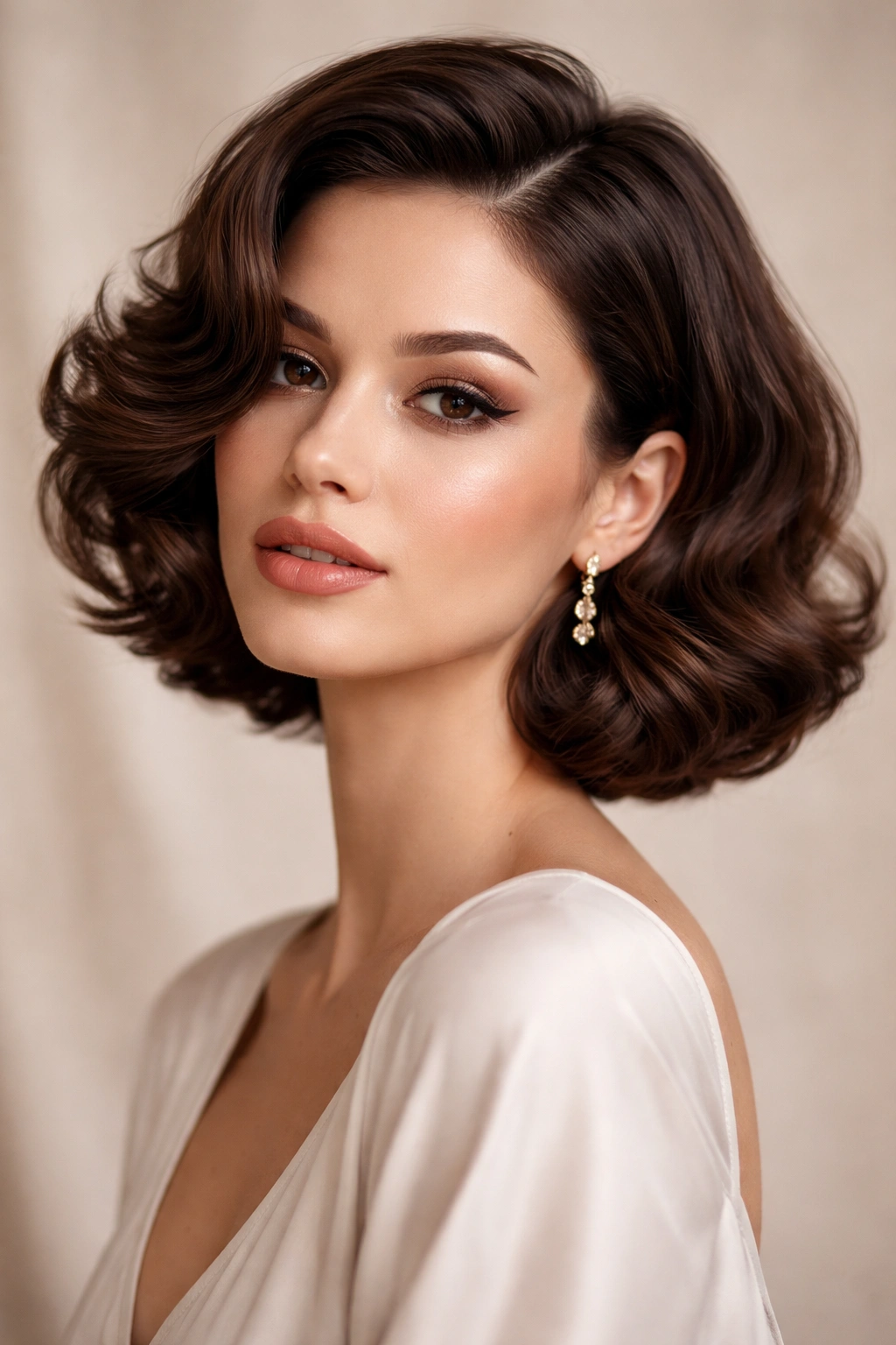 Close-up of a vintage-inspired wavy Italian bob with soft waves and crown volume