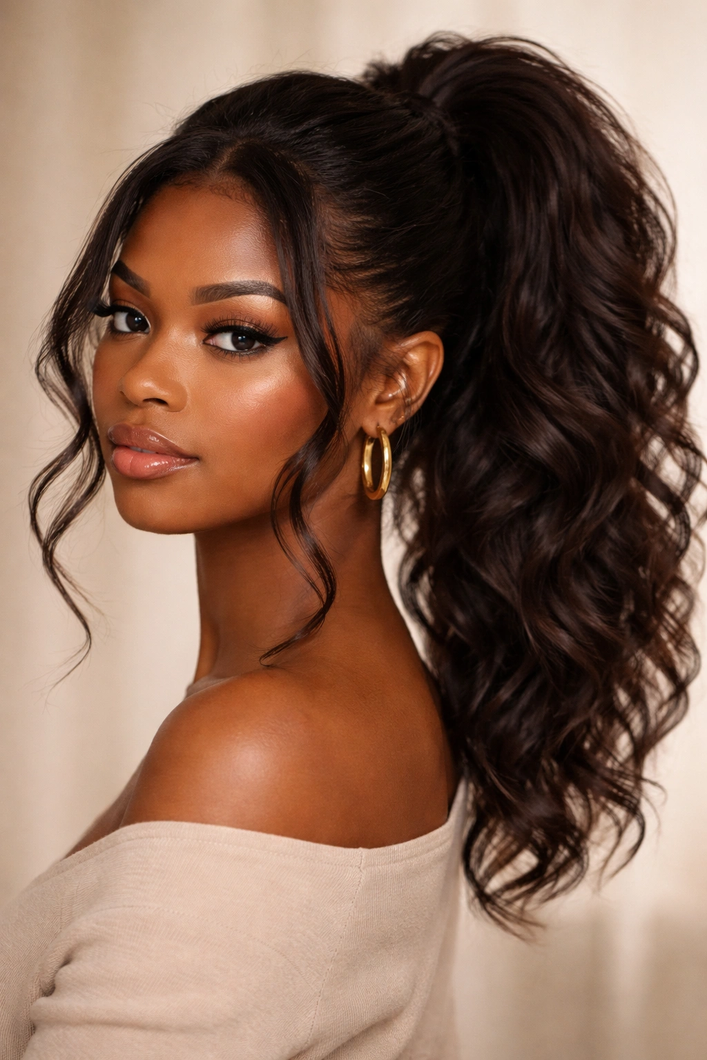 Mid-height ponytail with voluminous texture and soft face-framing pieces