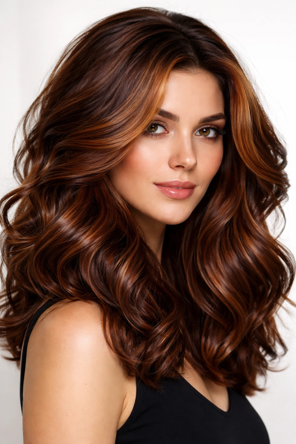 Voluminous auburn waves with highlights and lowlights.