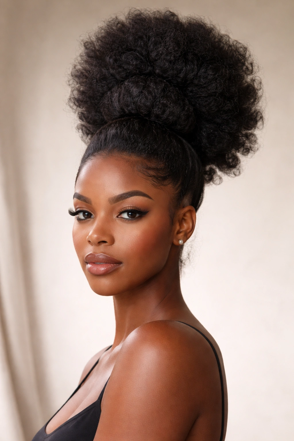 Portrait of a person with a dramatic high-volume bubble puff showing stacked hair sections