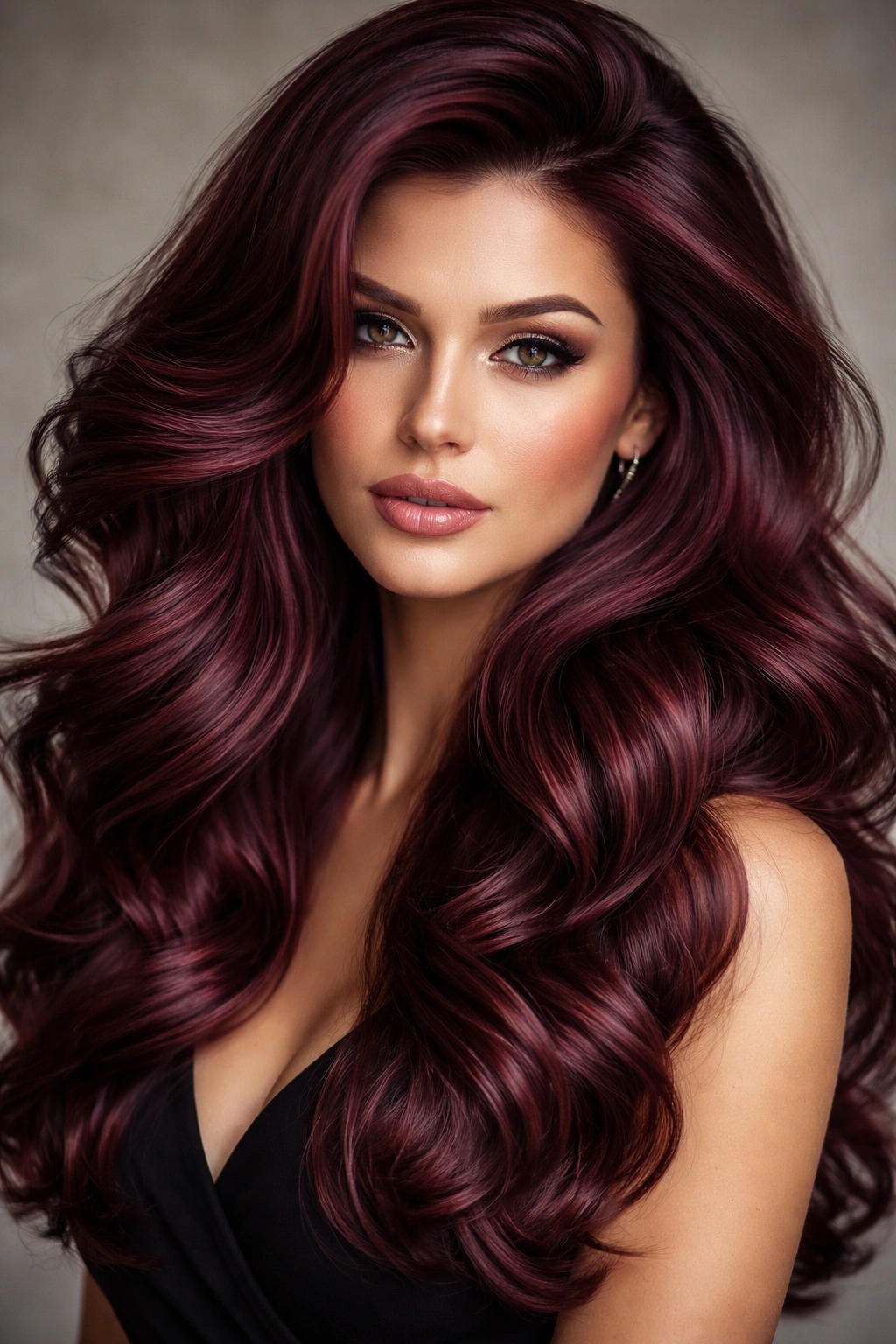 Voluminous burgundy wavy blowout with full body