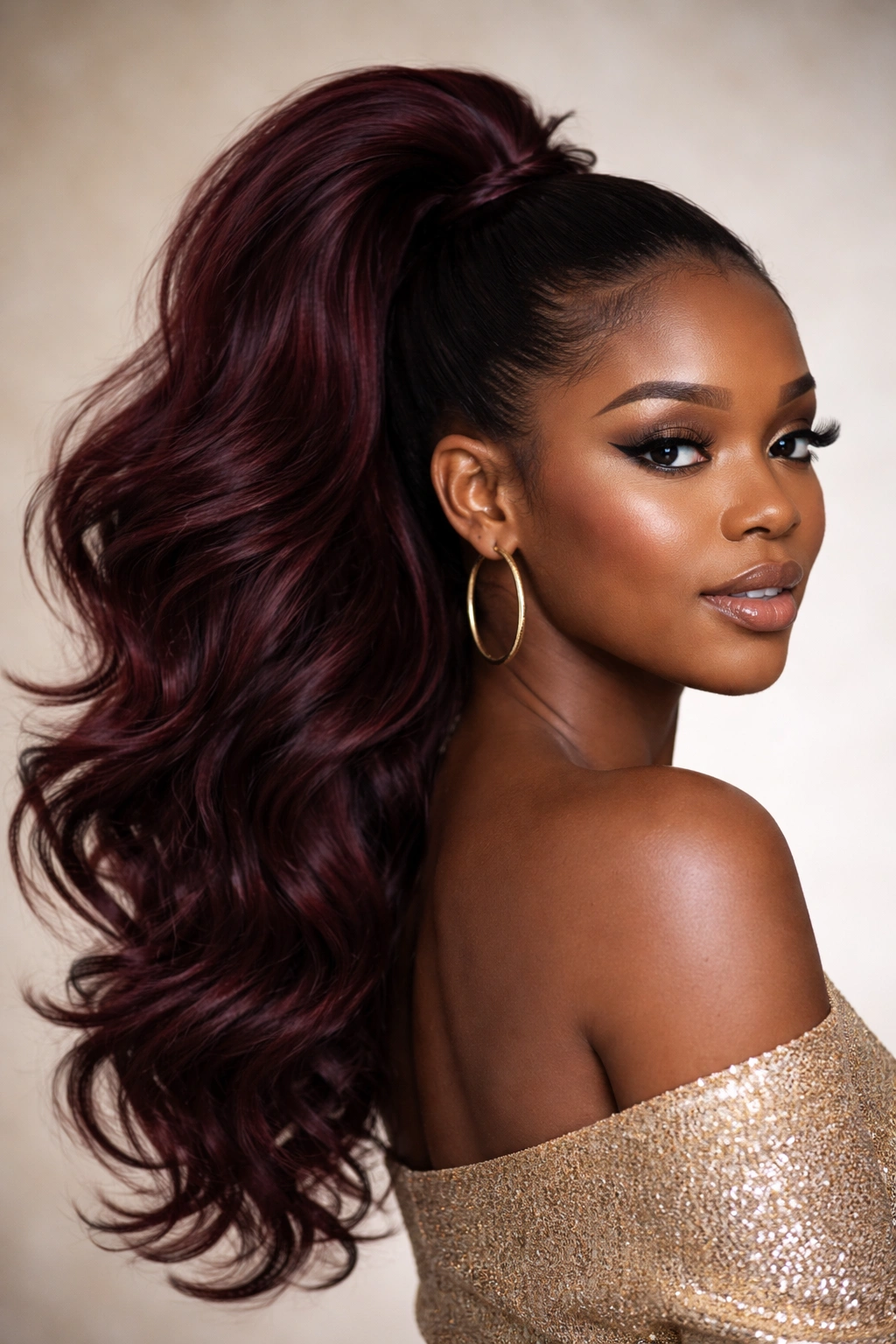 Voluminous burgundy blow-out ponytail with waves on dark skin