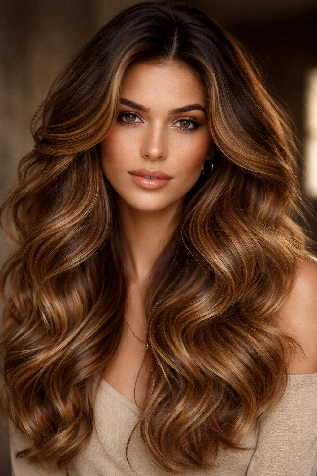 Voluminous caramel waves showing deep root contrast