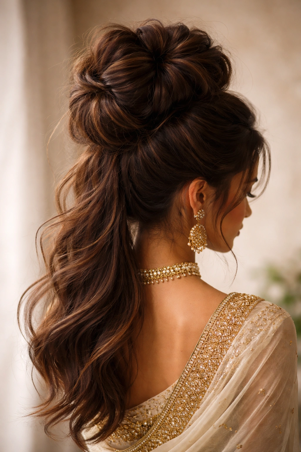 Dramatic voluminous crown bun with flowing ends under bright lighting