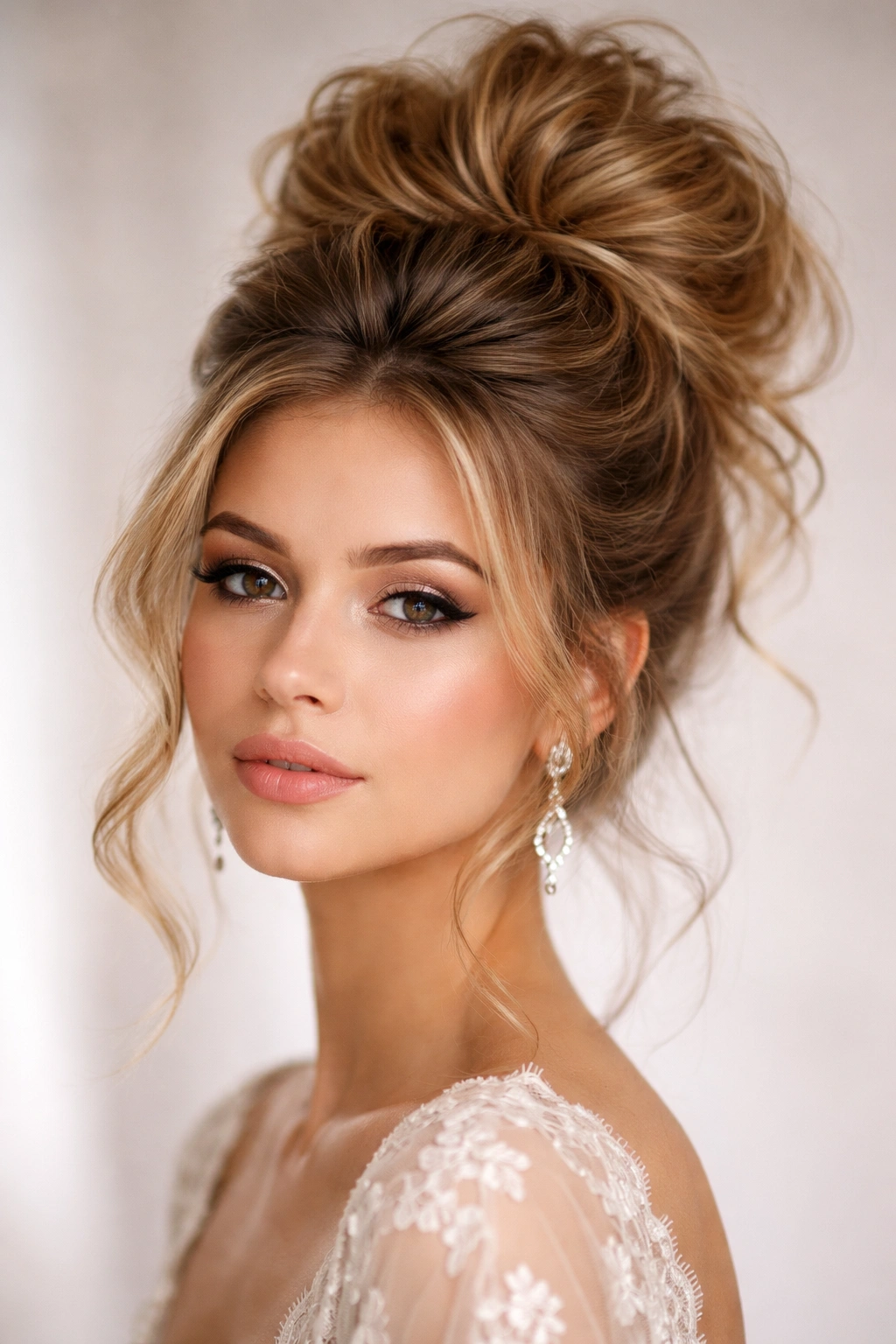 Close-up of a dramatic voluminous crown messy bun with teased crown and loose curls