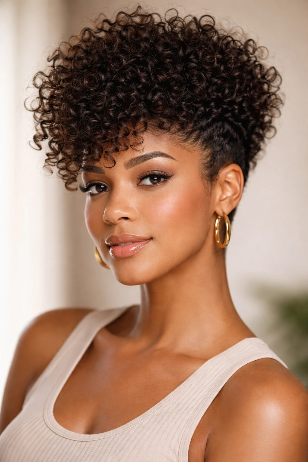 Voluminous crown curls with tapered sides on shoulder-length hair