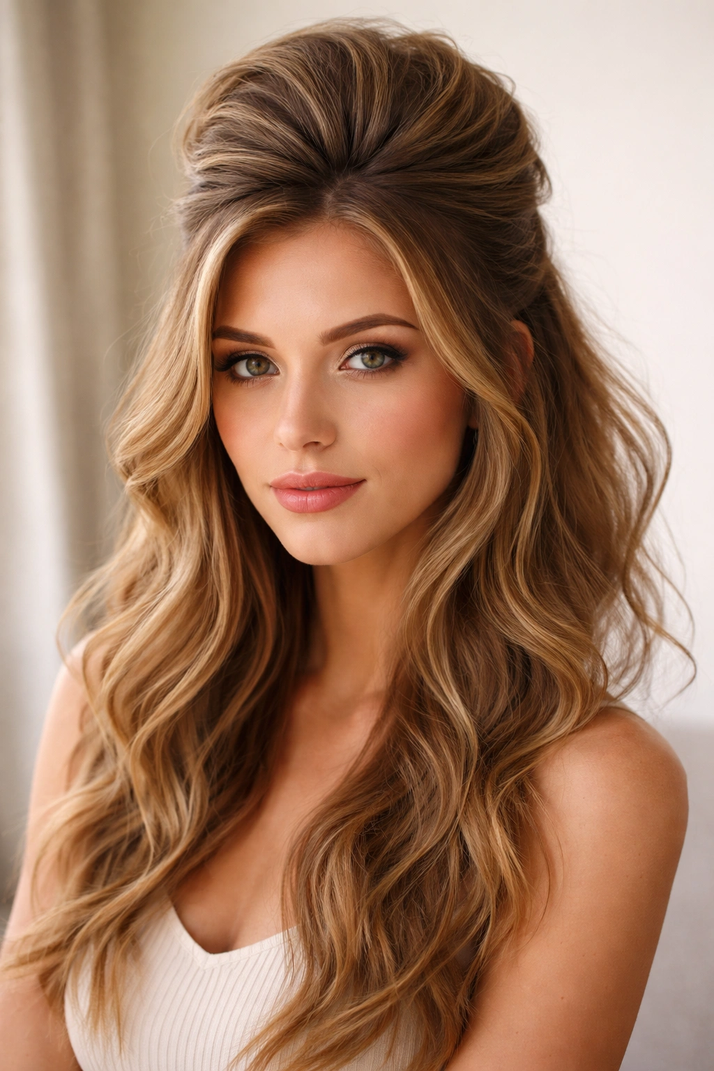 Voluminous crown half-up hairstyle with teased crown and flowing waves