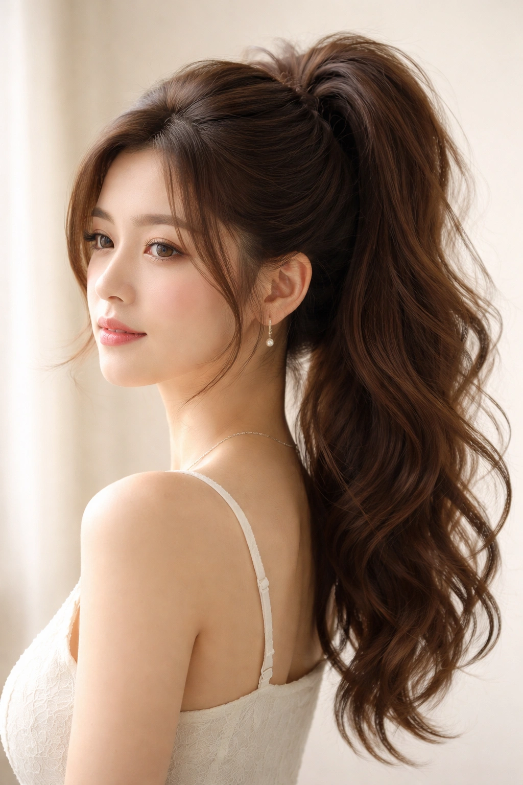 Voluminous crown ponytail close-up with high crown height and textured waves