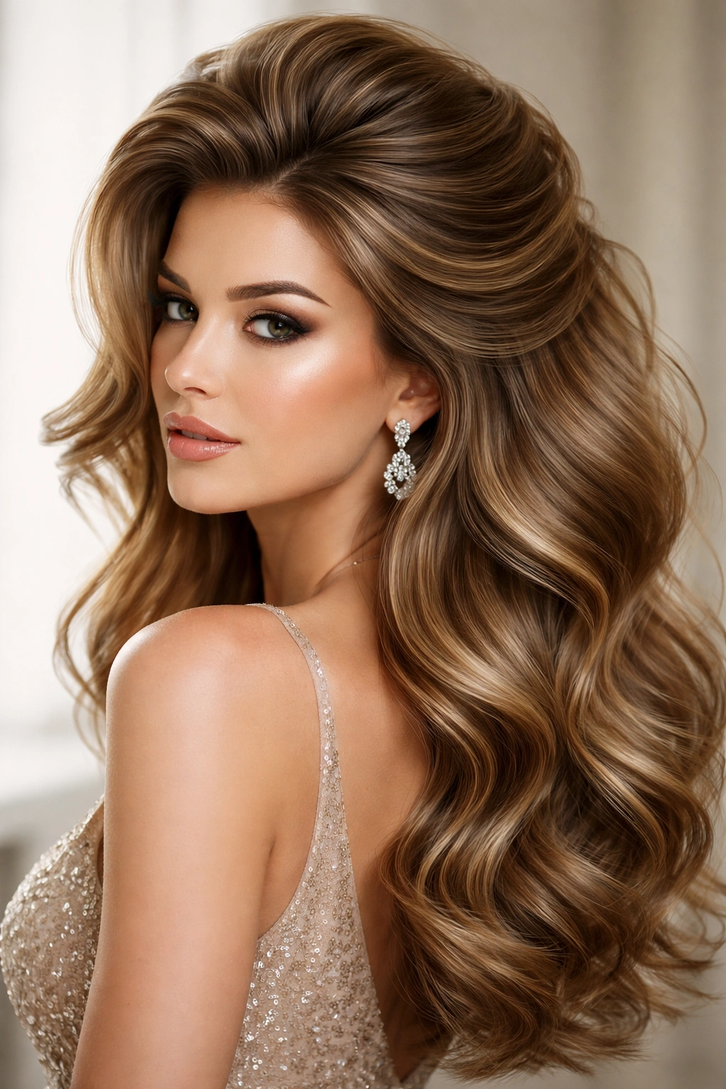 Portrait of a person with voluminous crown waves, no text