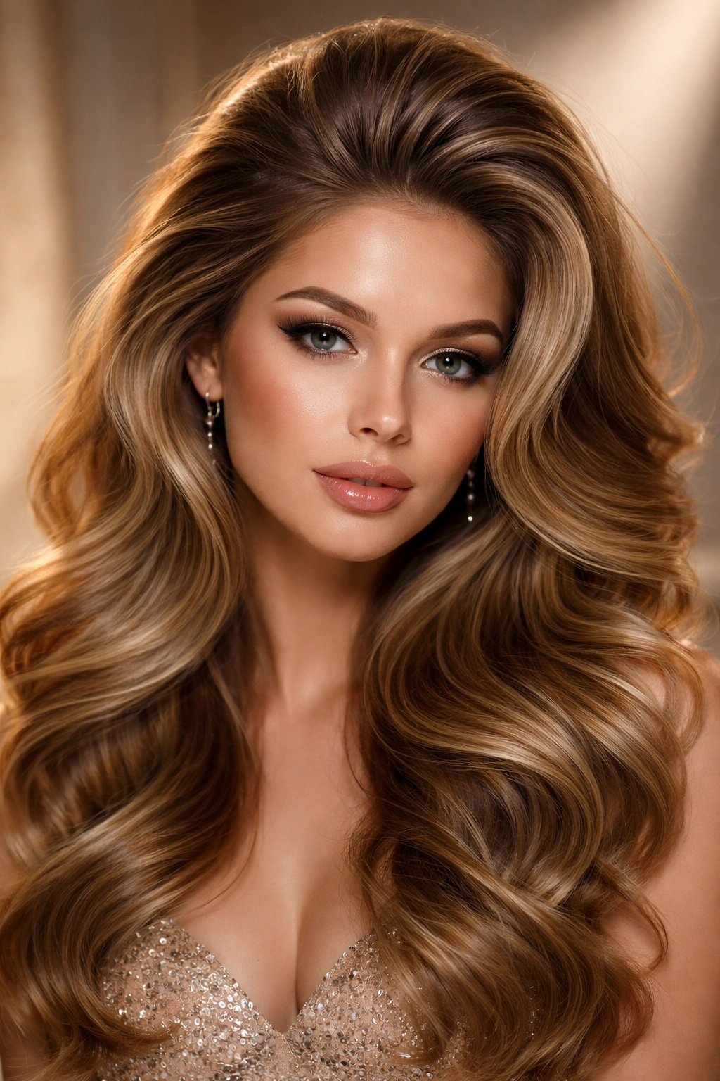 Front-facing close-up of voluminous crown waves framing the face