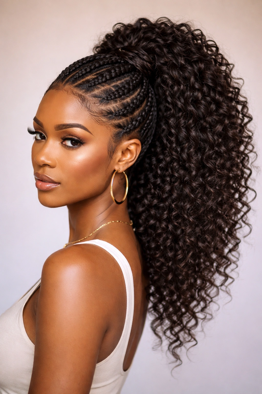 Close-up of voluminous crown weave ponytail with textured cornrows and thick weave at crown