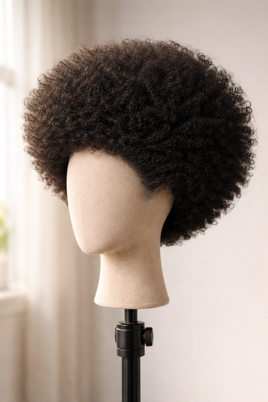 Voluminous crown wig with textured sides on a display head