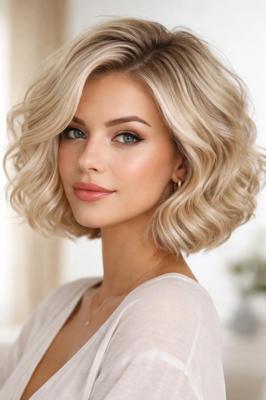 Voluminous curled blonde bob with defined curls and volume