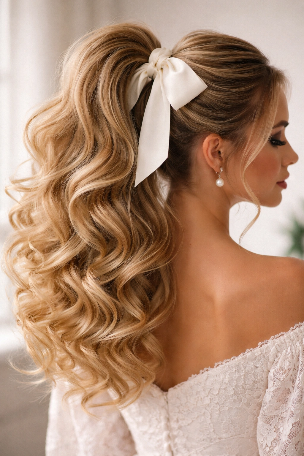 Voluminous curled ponytail with decorative bow
