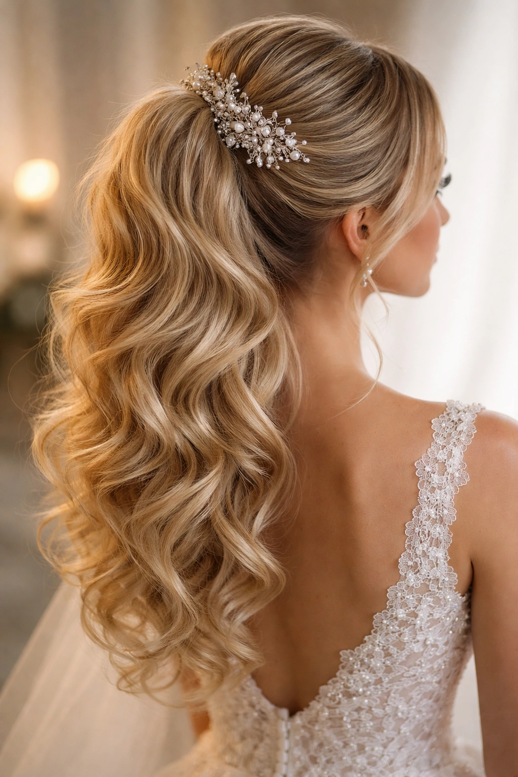 Close-up of Voluminous Curled Ponytail with decorative comb catching light in bridal styling.