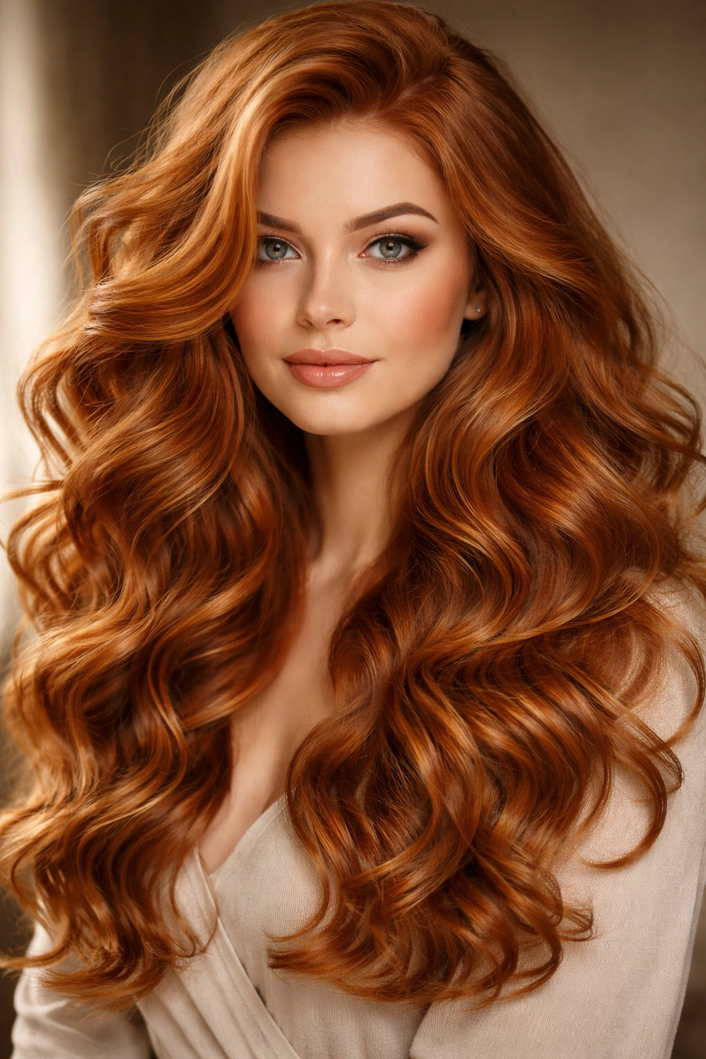 Close-up of voluminous curled waves in ginger hair showing depth and texture