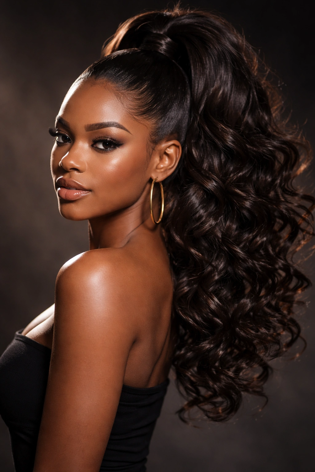 Black woman with high ponytail and voluminous curls