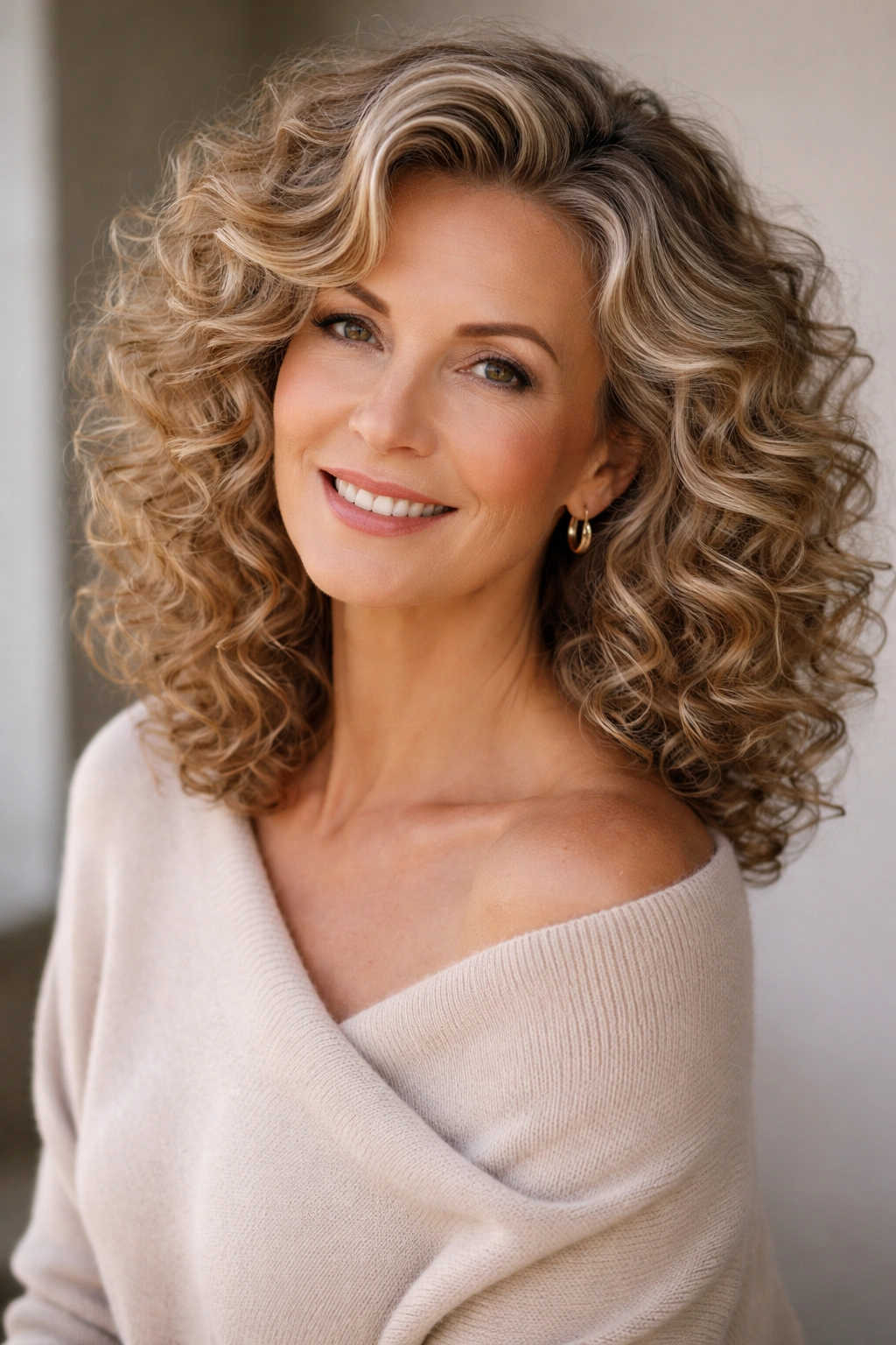 Portrait of a mature woman with voluminous curls and a deep side part