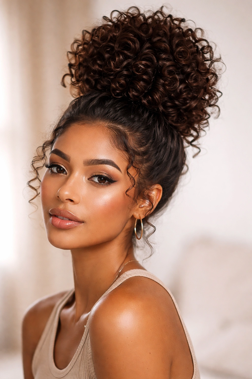Close-up of a curly hairstyle featuring a voluminous spiral bun at the crown