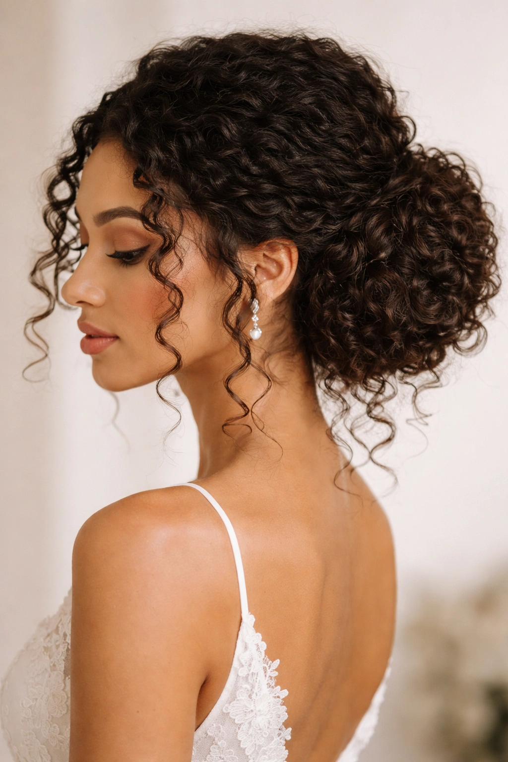 Voluminous low bun with curly tendrils around face
