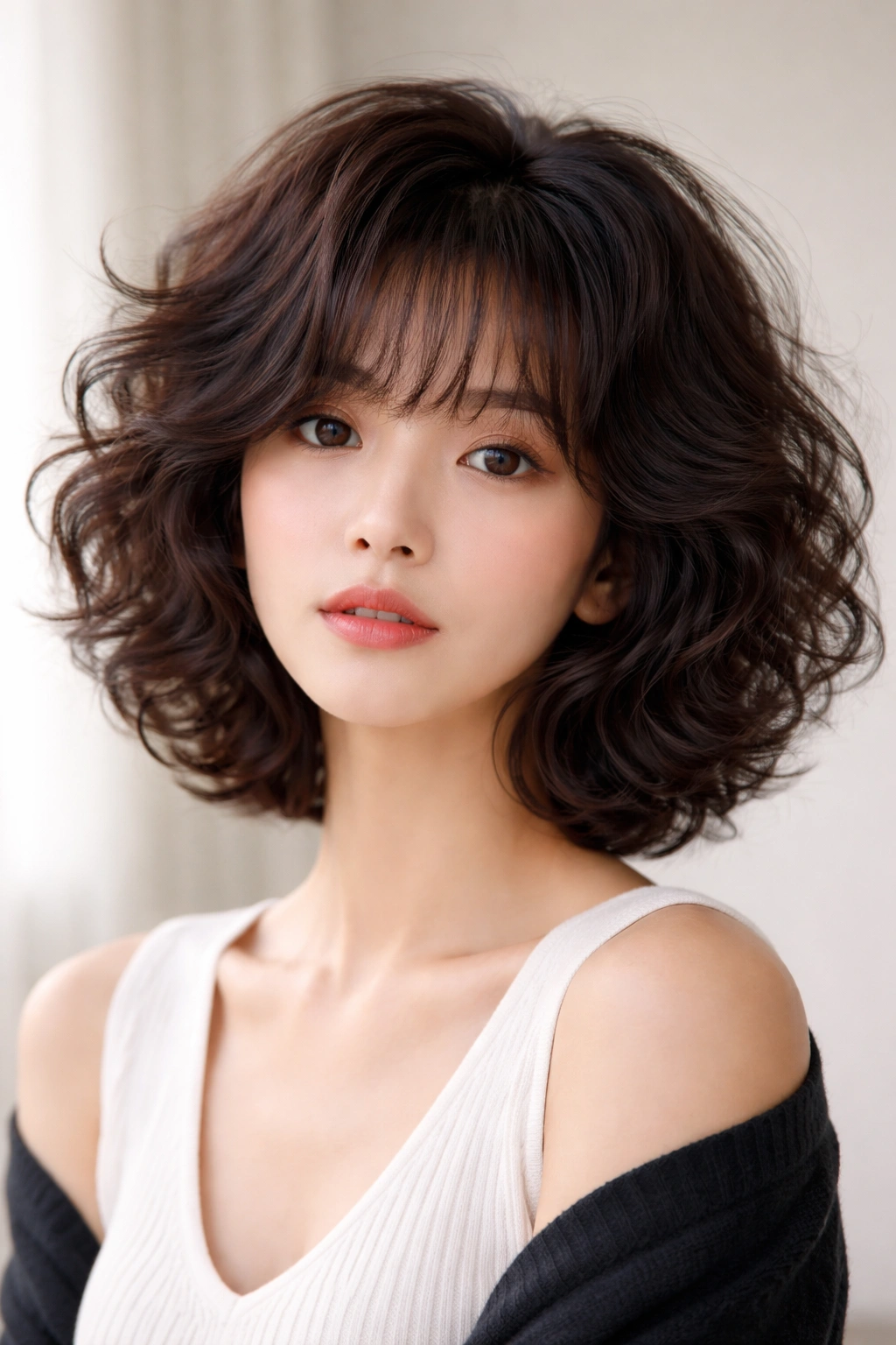 Voluminous perm waves with bangs and crown lift