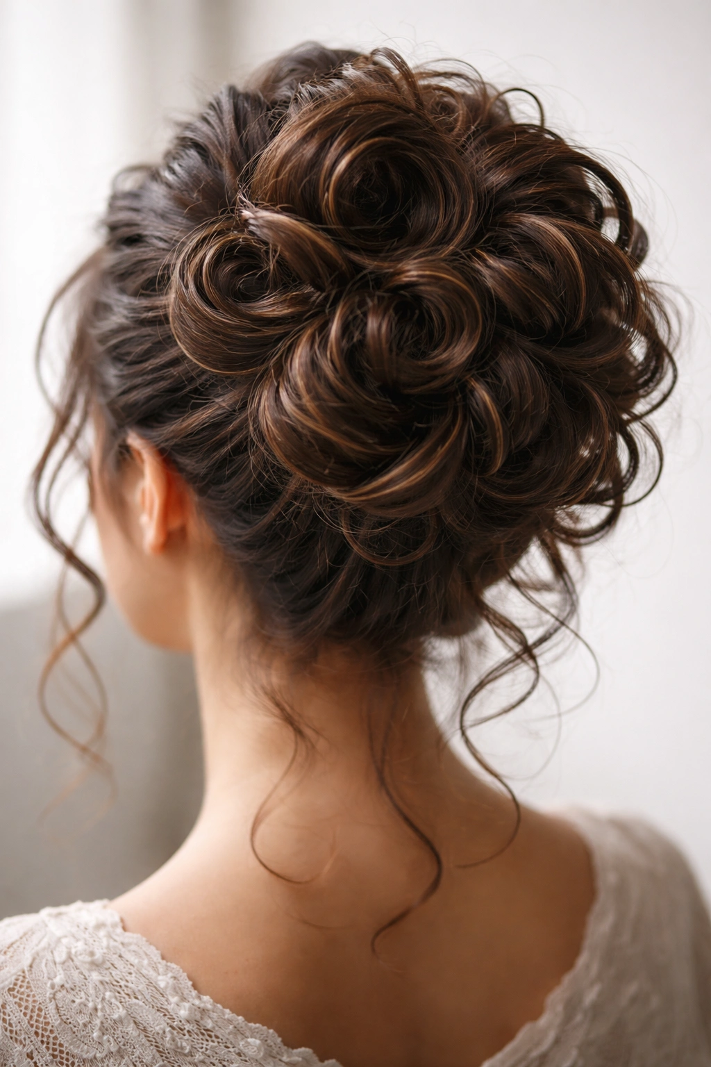 Overhead view of a voluminous pin-curled bun with multiple curl sections