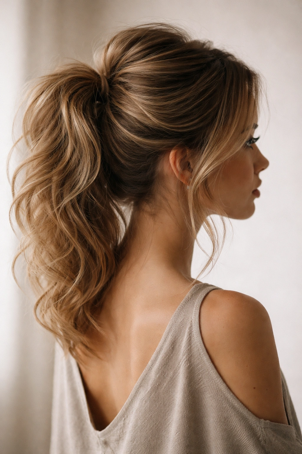 Back of head with a high voluminous ponytail bun