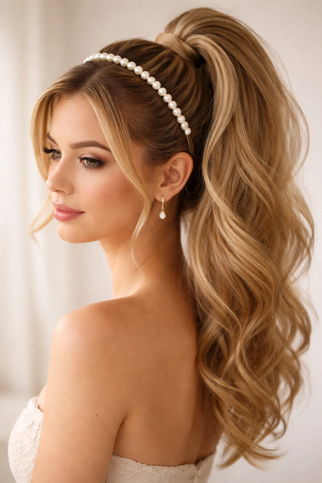 High ponytail with pearl headband on neutral backdrop