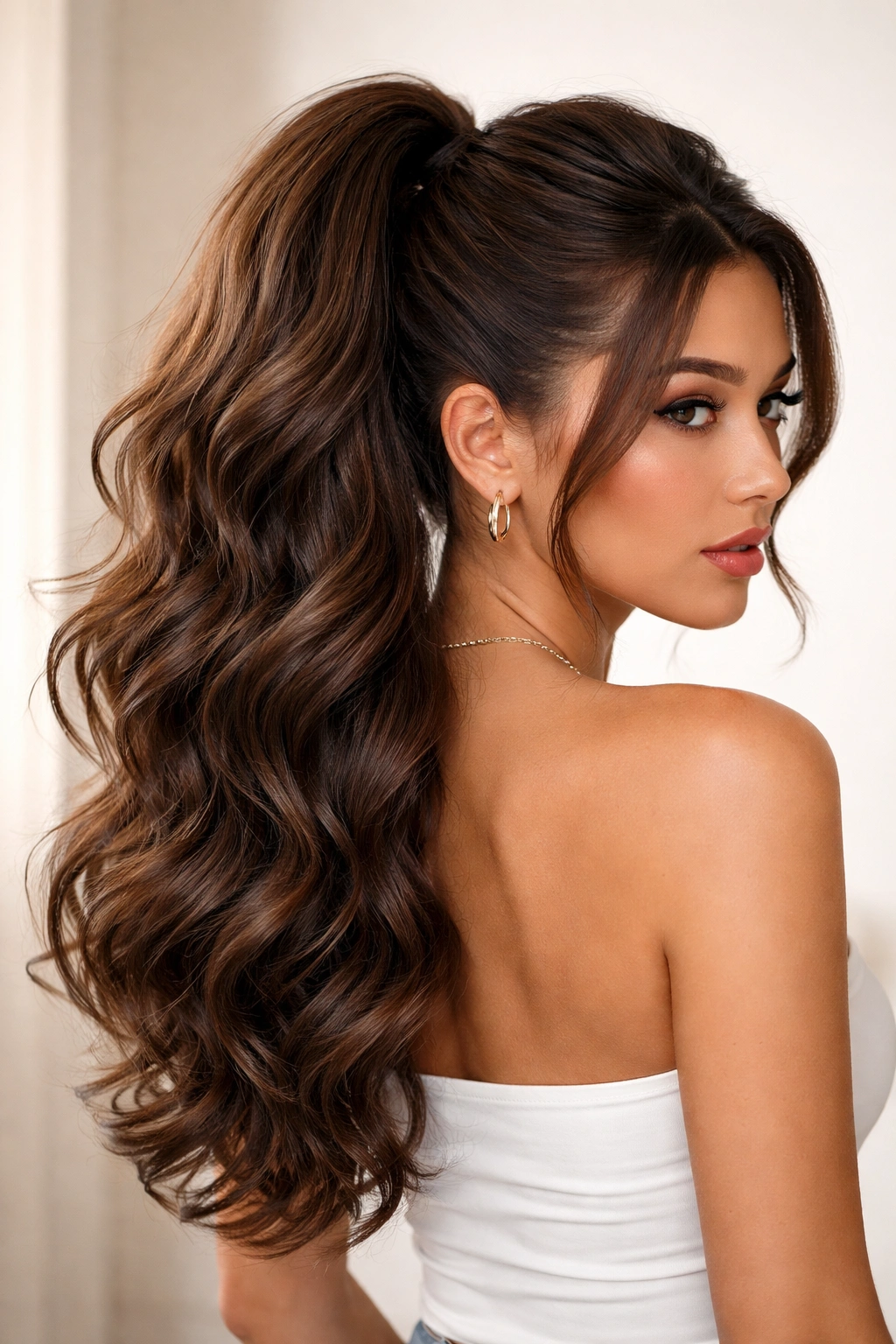 Full voluminous wavy V-part ponytail with cascading waves