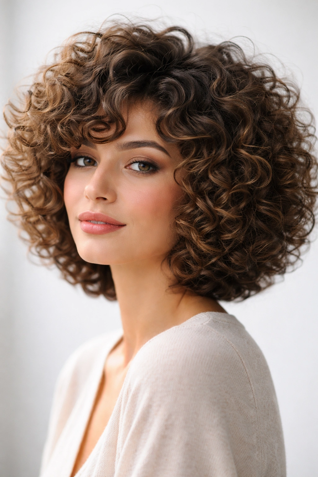 Full-head portrait of a voluminous rounded curly bob with lifted crown