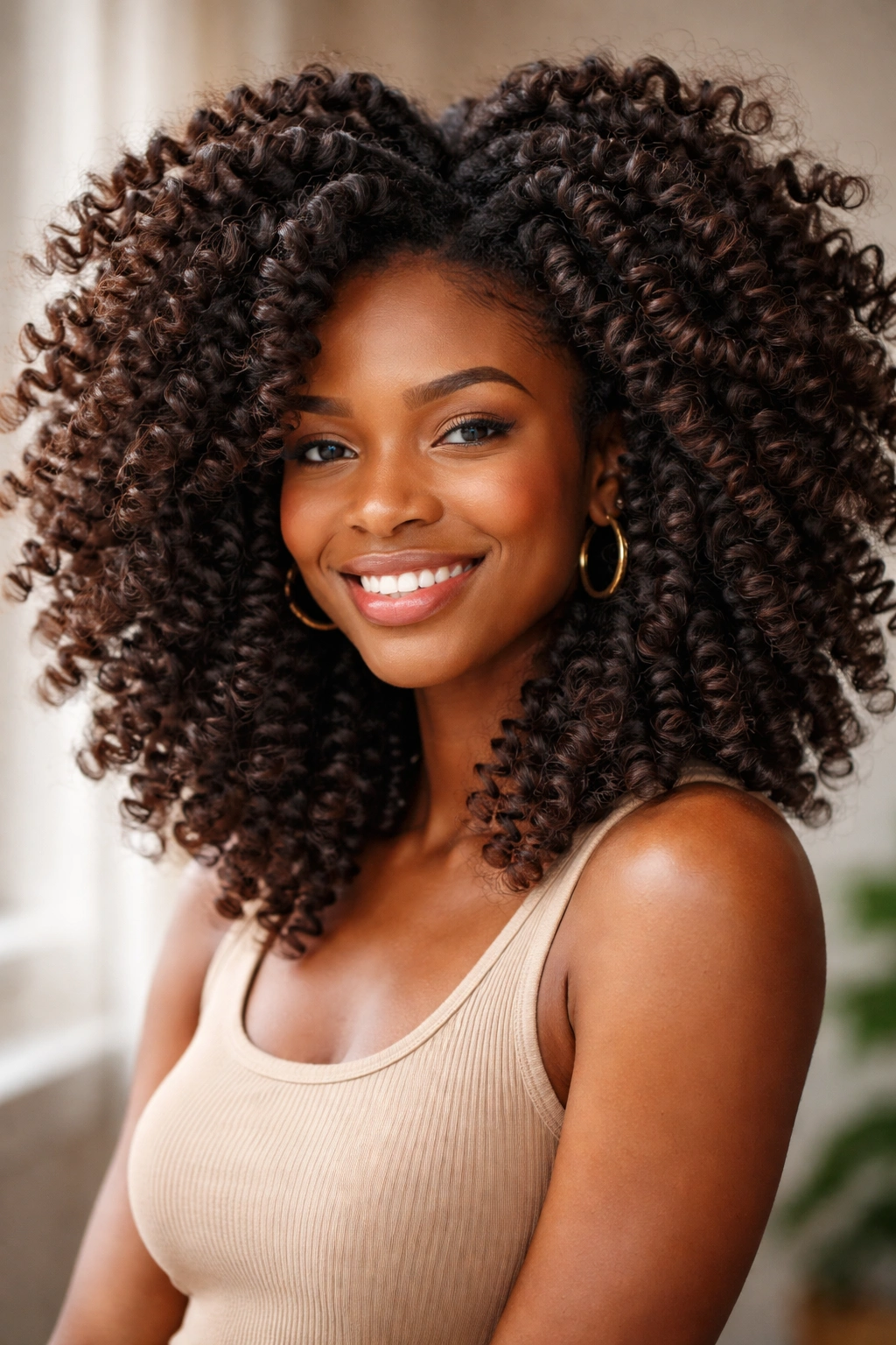 Head with voluminous, bouncy twist-out curls and lifted roots.