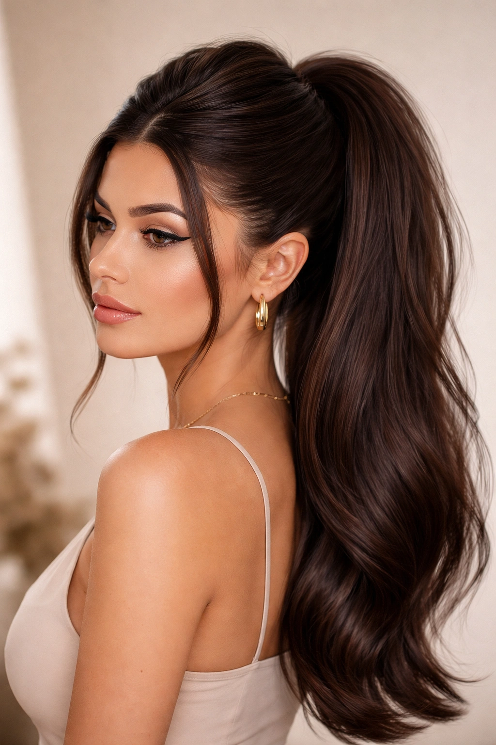 Three-quarter view with teased crown and voluminous ponytail