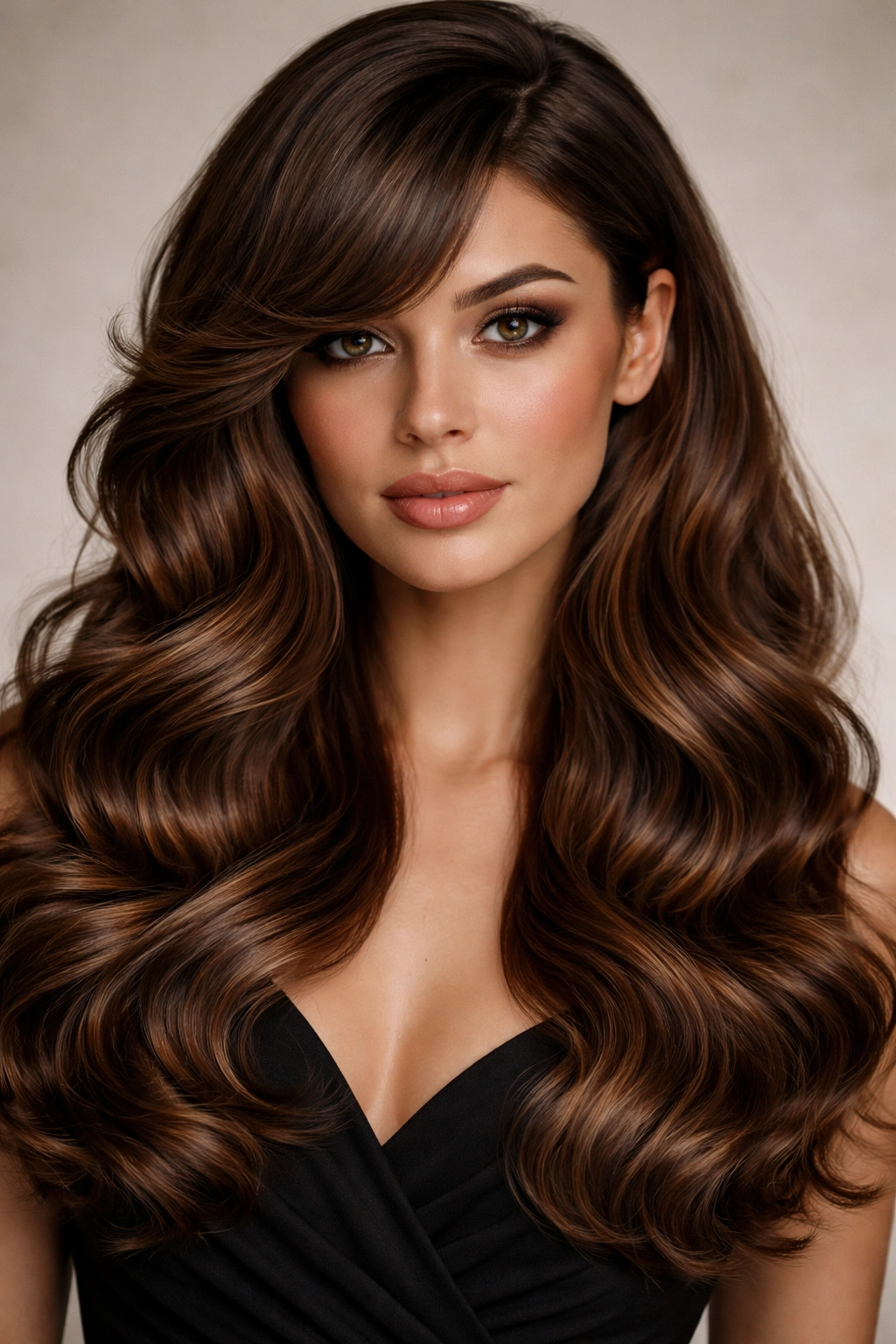 Portrait of a model with voluminous Hollywood waves and deep side-parted bangs